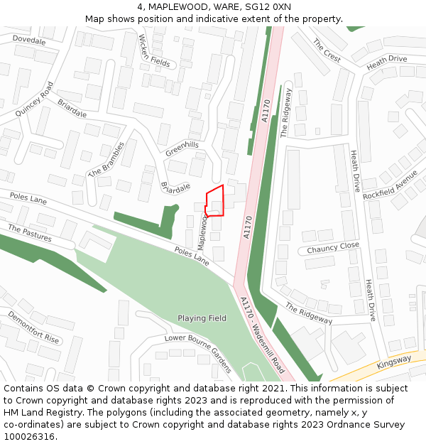 4, MAPLEWOOD, WARE, SG12 0XN: Location map and indicative extent of plot