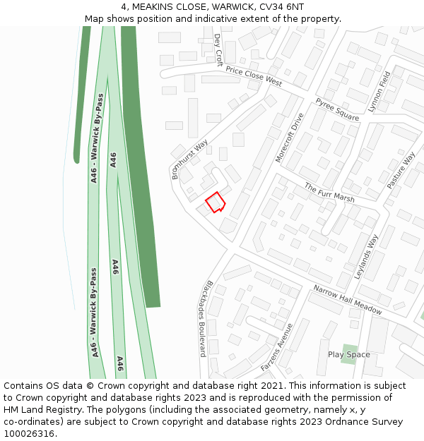 4, MEAKINS CLOSE, WARWICK, CV34 6NT: Location map and indicative extent of plot