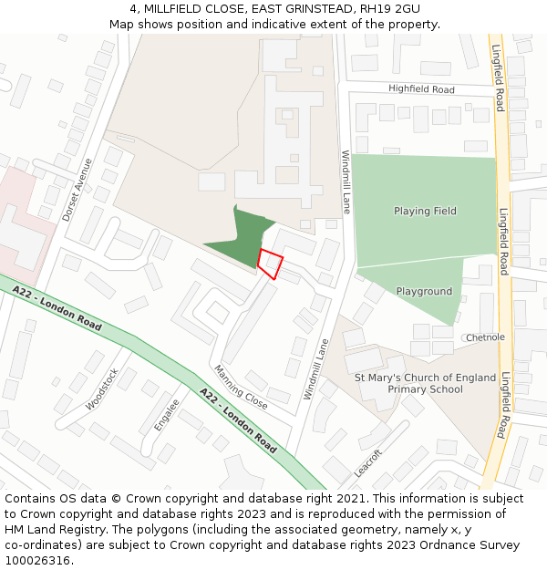 4, MILLFIELD CLOSE, EAST GRINSTEAD, RH19 2GU: Location map and indicative extent of plot