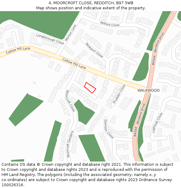 4, MOORCROFT CLOSE, REDDITCH, B97 5WB: Location map and indicative extent of plot