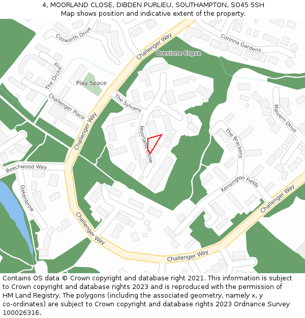 4, MOORLAND CLOSE, DIBDEN PURLIEU, SOUTHAMPTON, SO45 5SH: Location map and indicative extent of plot