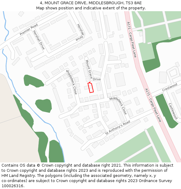 4, MOUNT GRACE DRIVE, MIDDLESBROUGH, TS3 8AE: Location map and indicative extent of plot