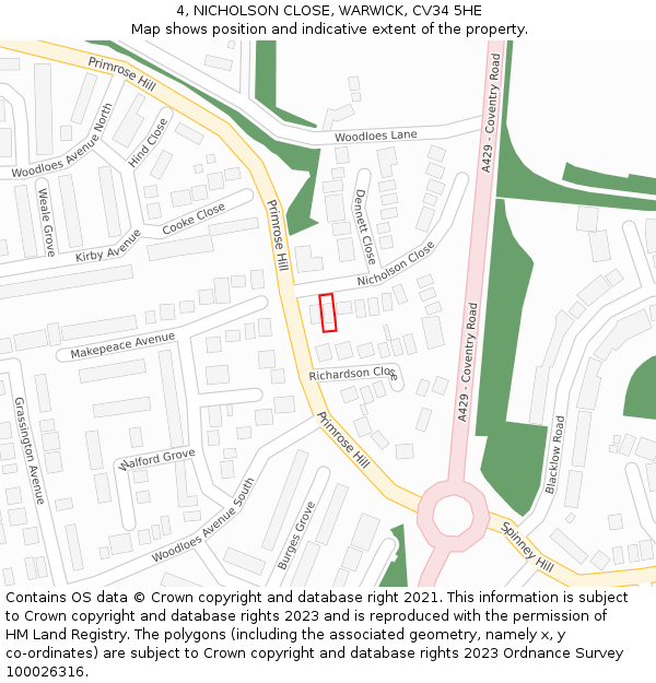 4, NICHOLSON CLOSE, WARWICK, CV34 5HE: Location map and indicative extent of plot