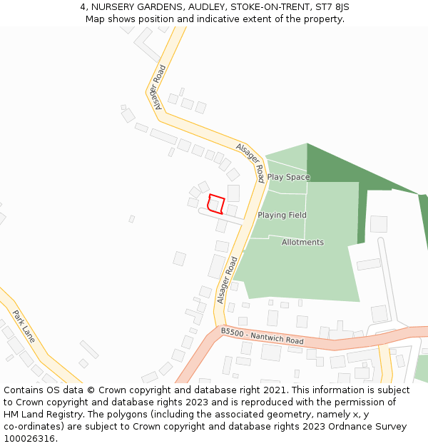 4, NURSERY GARDENS, AUDLEY, STOKE-ON-TRENT, ST7 8JS: Location map and indicative extent of plot