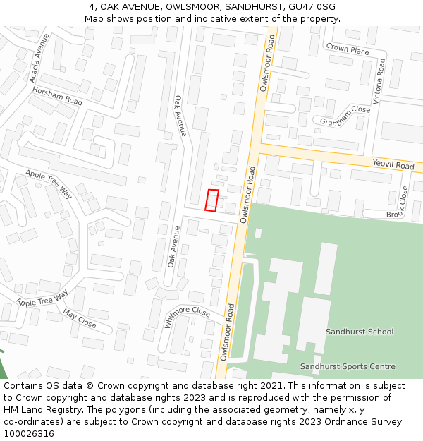 4, OAK AVENUE, OWLSMOOR, SANDHURST, GU47 0SG: Location map and indicative extent of plot