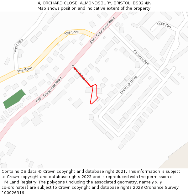 4, ORCHARD CLOSE, ALMONDSBURY, BRISTOL, BS32 4JN: Location map and indicative extent of plot