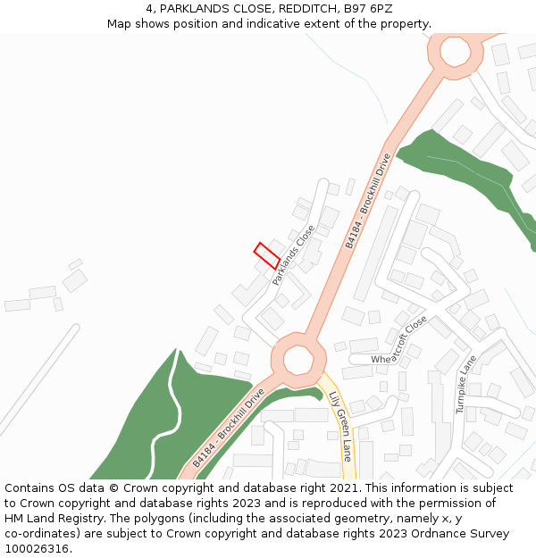 4, PARKLANDS CLOSE, REDDITCH, B97 6PZ: Location map and indicative extent of plot