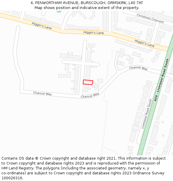 4, PENWORTHAM AVENUE, BURSCOUGH, ORMSKIRK, L40 7AT: Location map and indicative extent of plot