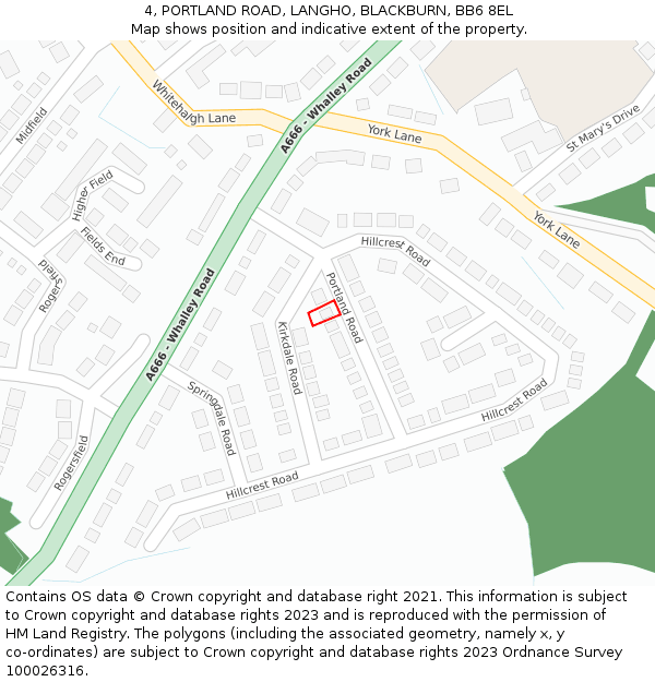 4, PORTLAND ROAD, LANGHO, BLACKBURN, BB6 8EL: Location map and indicative extent of plot