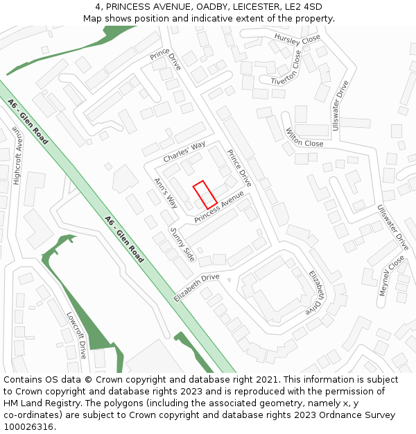 4, PRINCESS AVENUE, OADBY, LEICESTER, LE2 4SD: Location map and indicative extent of plot