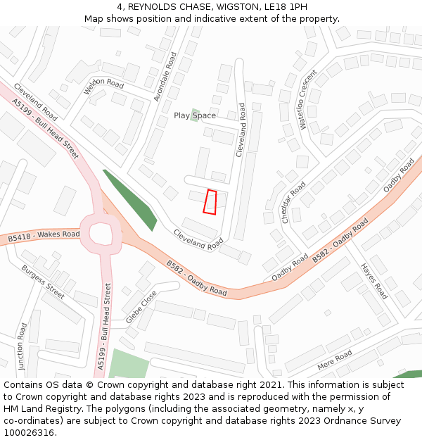 4, REYNOLDS CHASE, WIGSTON, LE18 1PH: Location map and indicative extent of plot