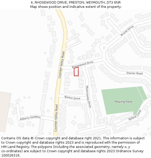 4, RHOSEWOOD DRIVE, PRESTON, WEYMOUTH, DT3 6NR: Location map and indicative extent of plot