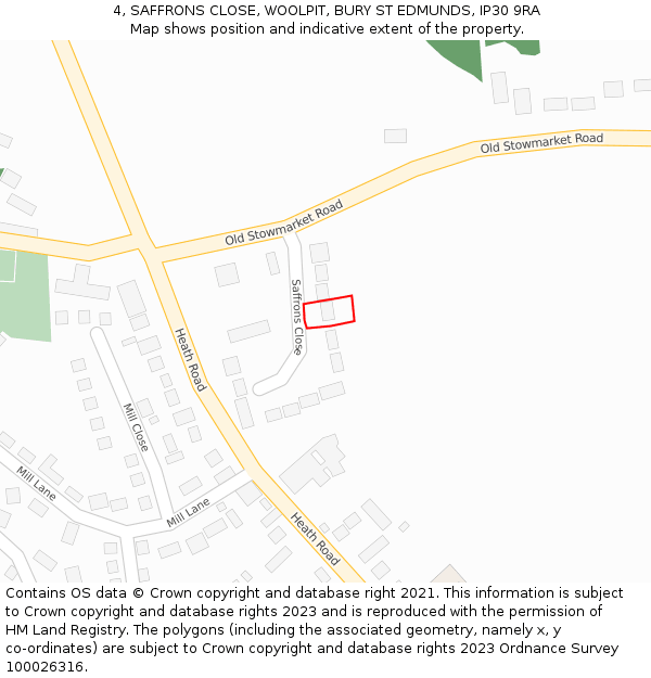 4, SAFFRONS CLOSE, WOOLPIT, BURY ST EDMUNDS, IP30 9RA: Location map and indicative extent of plot