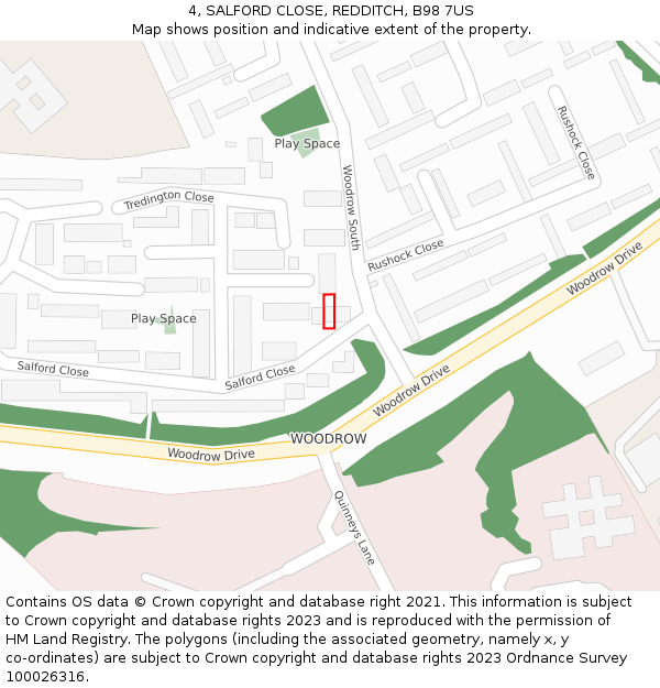4, SALFORD CLOSE, REDDITCH, B98 7US: Location map and indicative extent of plot