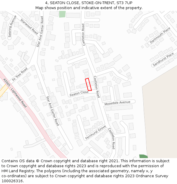 4, SEATON CLOSE, STOKE-ON-TRENT, ST3 7UP: Location map and indicative extent of plot