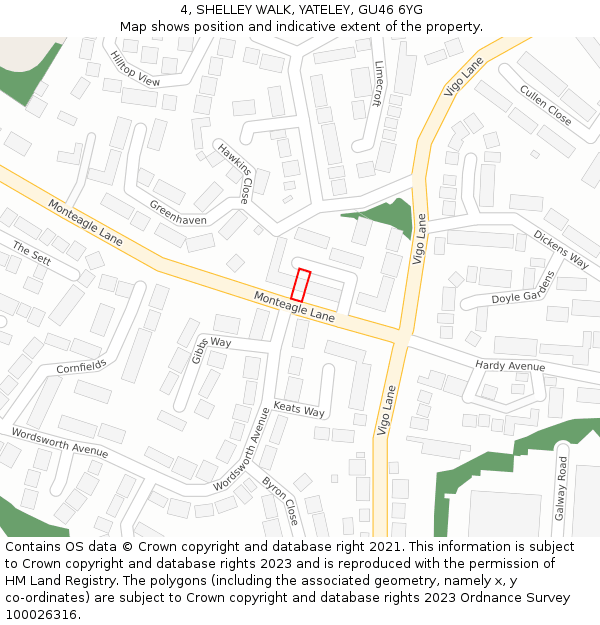 4, SHELLEY WALK, YATELEY, GU46 6YG: Location map and indicative extent of plot