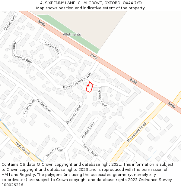 4, SIXPENNY LANE, CHALGROVE, OXFORD, OX44 7YD: Location map and indicative extent of plot