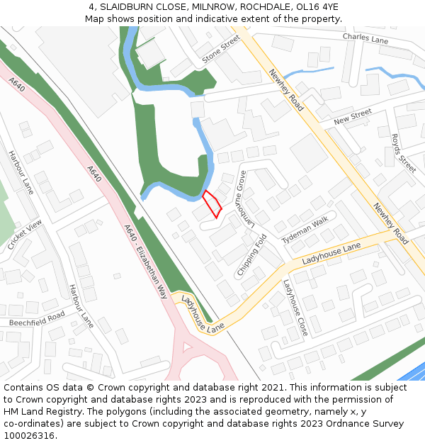 4, SLAIDBURN CLOSE, MILNROW, ROCHDALE, OL16 4YE: Location map and indicative extent of plot