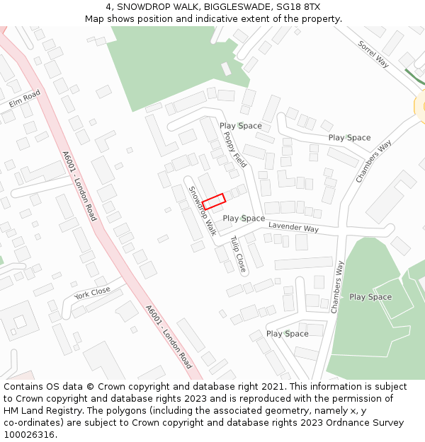 4, SNOWDROP WALK, BIGGLESWADE, SG18 8TX: Location map and indicative extent of plot