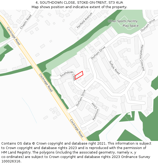 4, SOUTHDOWN CLOSE, STOKE-ON-TRENT, ST3 4UA: Location map and indicative extent of plot