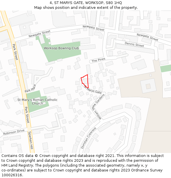 4, ST MARYS GATE, WORKSOP, S80 1HQ: Location map and indicative extent of plot