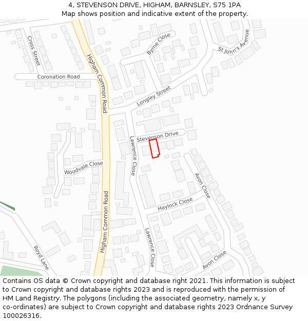 4, STEVENSON DRIVE, HIGHAM, BARNSLEY, S75 1PA: Location map and indicative extent of plot