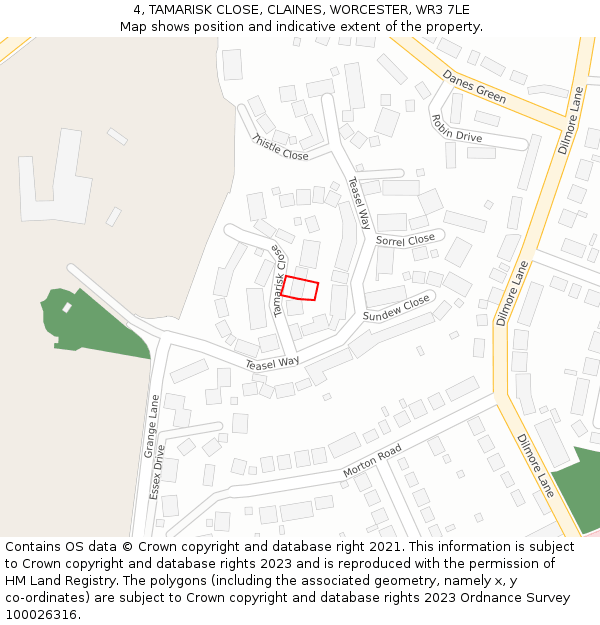4, TAMARISK CLOSE, CLAINES, WORCESTER, WR3 7LE: Location map and indicative extent of plot