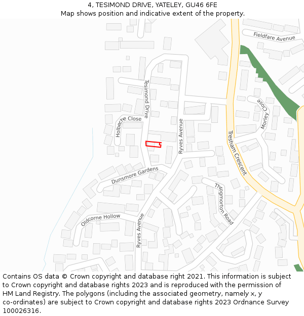 4, TESIMOND DRIVE, YATELEY, GU46 6FE: Location map and indicative extent of plot