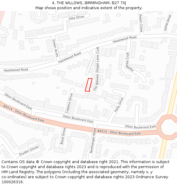 4, THE WILLOWS, BIRMINGHAM, B27 7XJ: Location map and indicative extent of plot