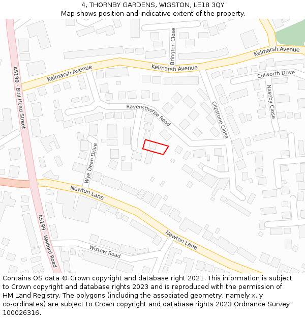 4, THORNBY GARDENS, WIGSTON, LE18 3QY: Location map and indicative extent of plot