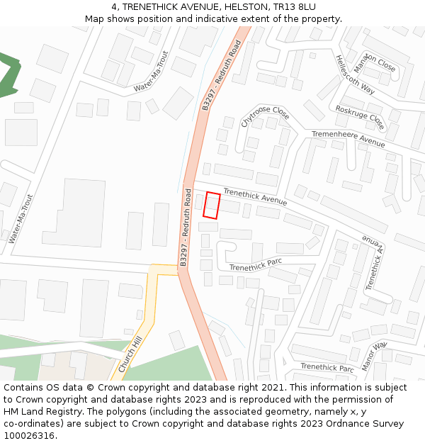 4, TRENETHICK AVENUE, HELSTON, TR13 8LU: Location map and indicative extent of plot