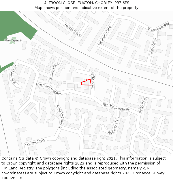 4, TROON CLOSE, EUXTON, CHORLEY, PR7 6FS: Location map and indicative extent of plot