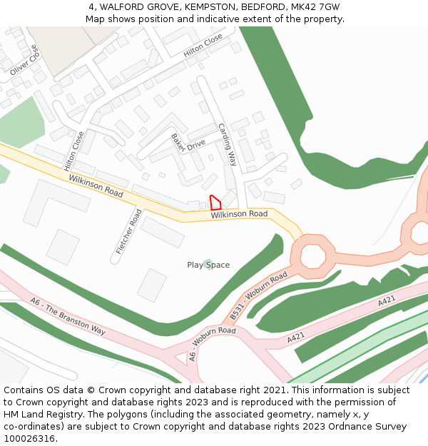 4, WALFORD GROVE, KEMPSTON, BEDFORD, MK42 7GW: Location map and indicative extent of plot