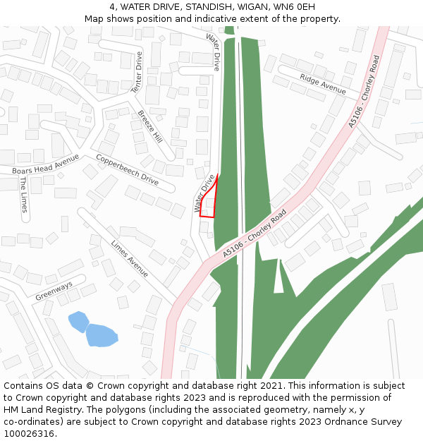 4, WATER DRIVE, STANDISH, WIGAN, WN6 0EH: Location map and indicative extent of plot