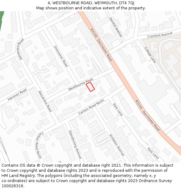 4, WESTBOURNE ROAD, WEYMOUTH, DT4 7QJ: Location map and indicative extent of plot