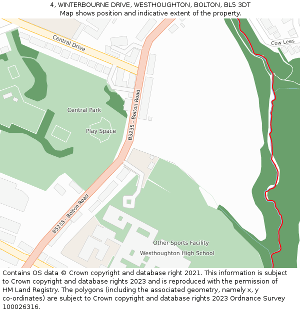 4, WINTERBOURNE DRIVE, WESTHOUGHTON, BOLTON, BL5 3DT: Location map and indicative extent of plot