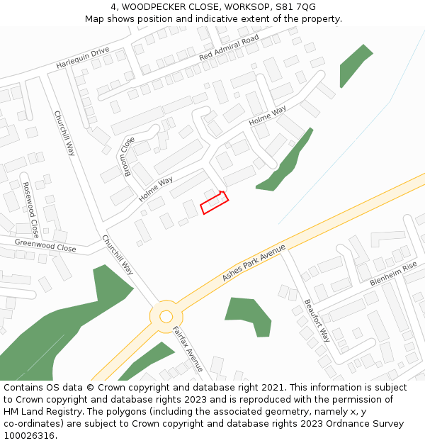 4, WOODPECKER CLOSE, WORKSOP, S81 7QG: Location map and indicative extent of plot