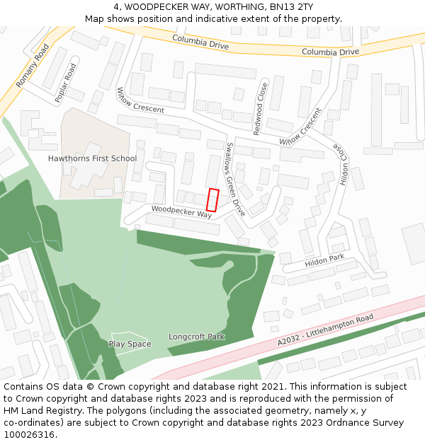 4, WOODPECKER WAY, WORTHING, BN13 2TY: Location map and indicative extent of plot