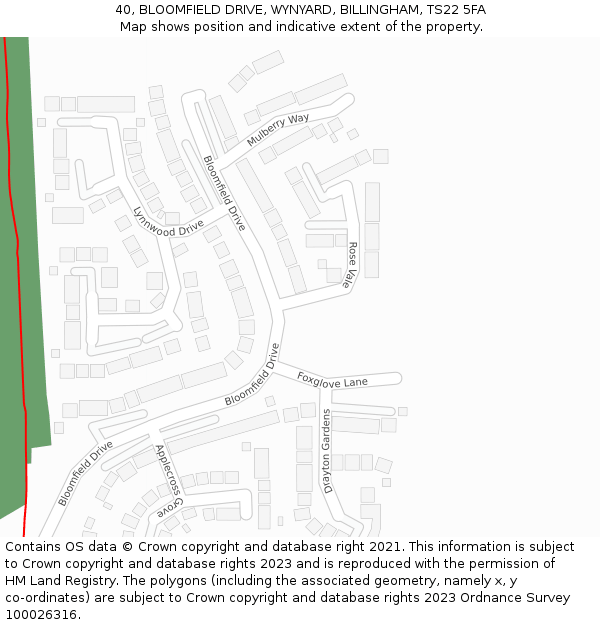 40, BLOOMFIELD DRIVE, WYNYARD, BILLINGHAM, TS22 5FA: Location map and indicative extent of plot