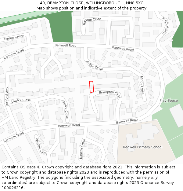 40, BRAMPTON CLOSE, WELLINGBOROUGH, NN8 5XG: Location map and indicative extent of plot