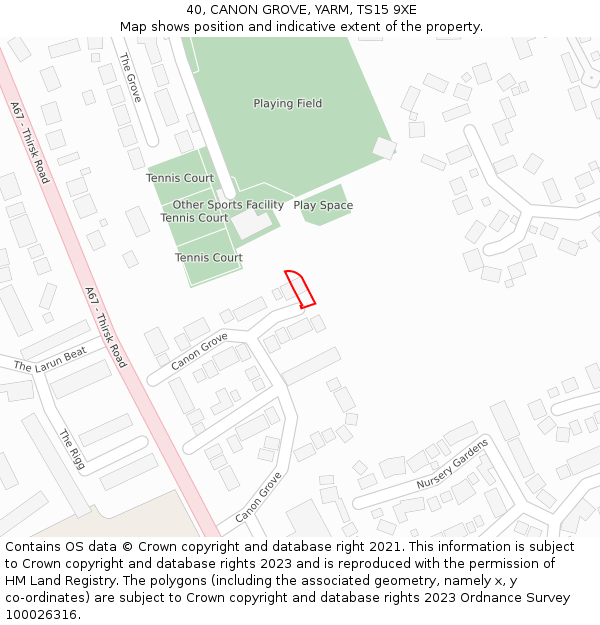 40, CANON GROVE, YARM, TS15 9XE: Location map and indicative extent of plot