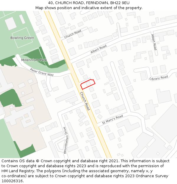 40, CHURCH ROAD, FERNDOWN, BH22 9EU: Location map and indicative extent of plot