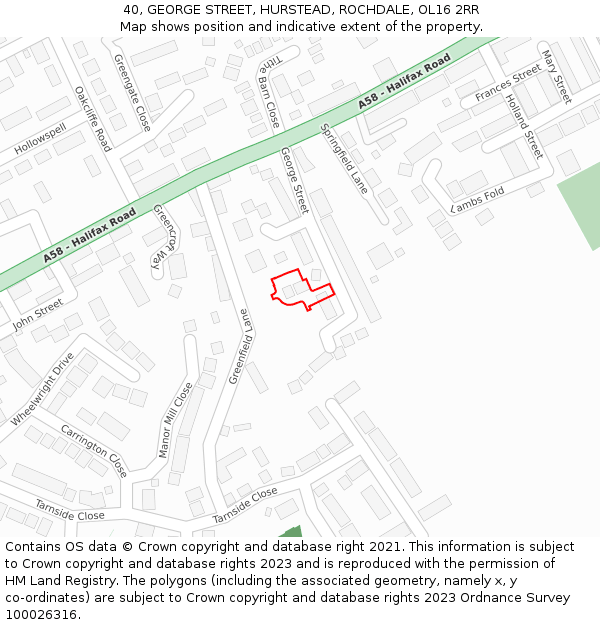 40, GEORGE STREET, HURSTEAD, ROCHDALE, OL16 2RR: Location map and indicative extent of plot