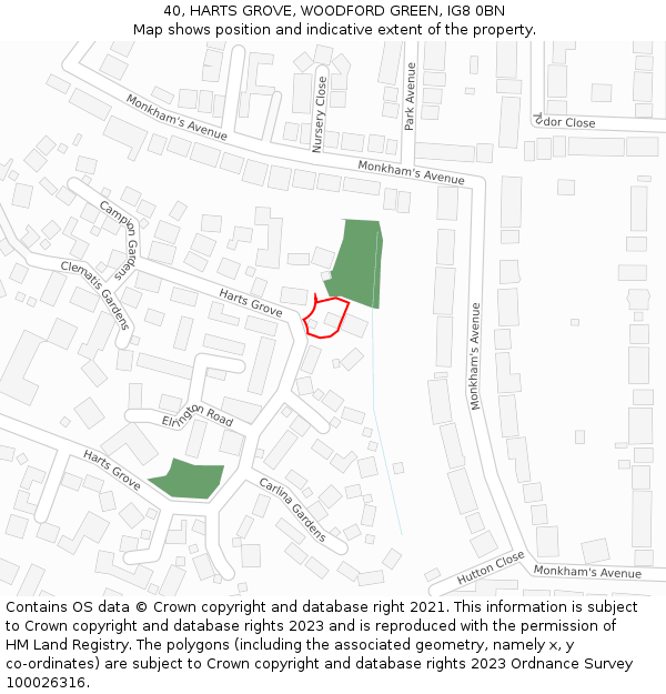 40, HARTS GROVE, WOODFORD GREEN, IG8 0BN: Location map and indicative extent of plot