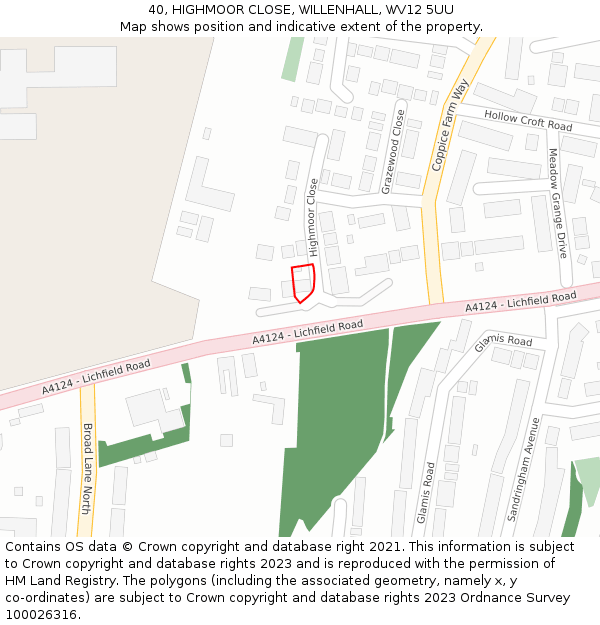 40, HIGHMOOR CLOSE, WILLENHALL, WV12 5UU: Location map and indicative extent of plot