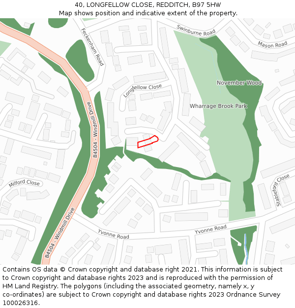 40, LONGFELLOW CLOSE, REDDITCH, B97 5HW: Location map and indicative extent of plot