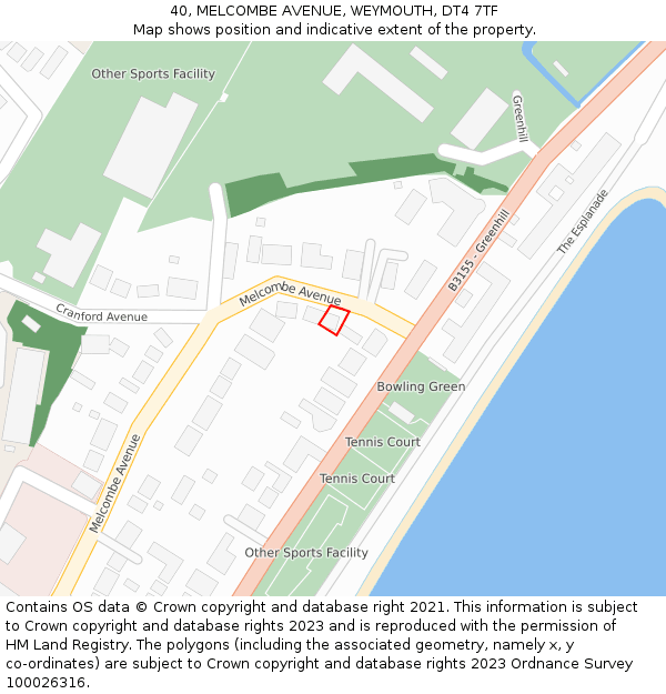 40, MELCOMBE AVENUE, WEYMOUTH, DT4 7TF: Location map and indicative extent of plot