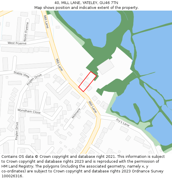 40, MILL LANE, YATELEY, GU46 7TN: Location map and indicative extent of plot