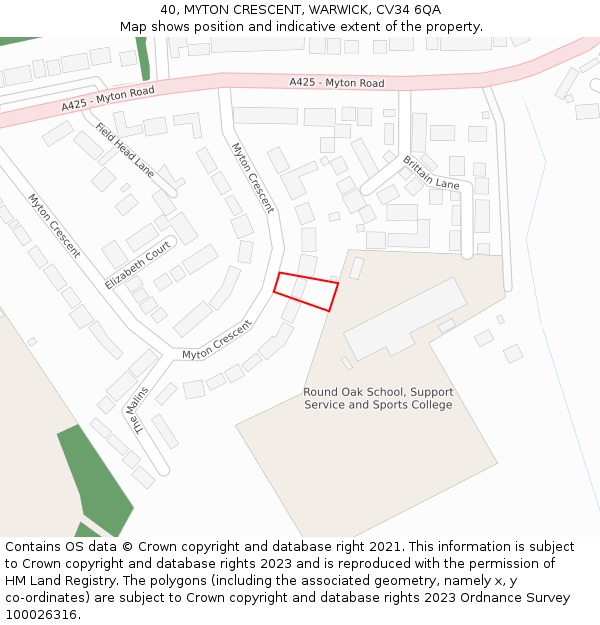 40, MYTON CRESCENT, WARWICK, CV34 6QA: Location map and indicative extent of plot