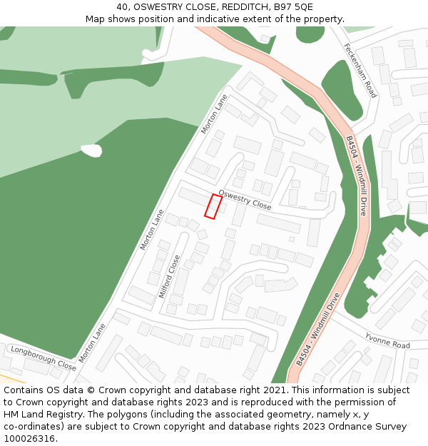 40, OSWESTRY CLOSE, REDDITCH, B97 5QE: Location map and indicative extent of plot